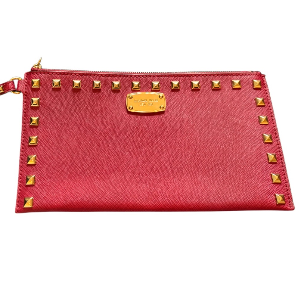 Michael Kors Nail Heads Studded Zip Clutch Wristlet Leather Cherry Red Gold-NWOT